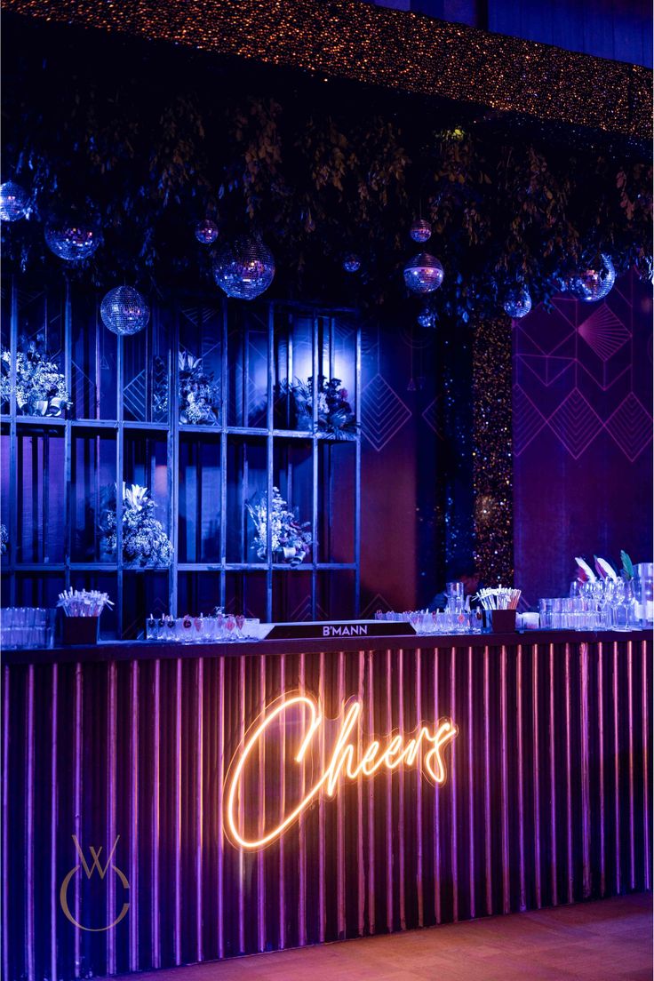neon bar decor with disco vibes for luxe after party nights