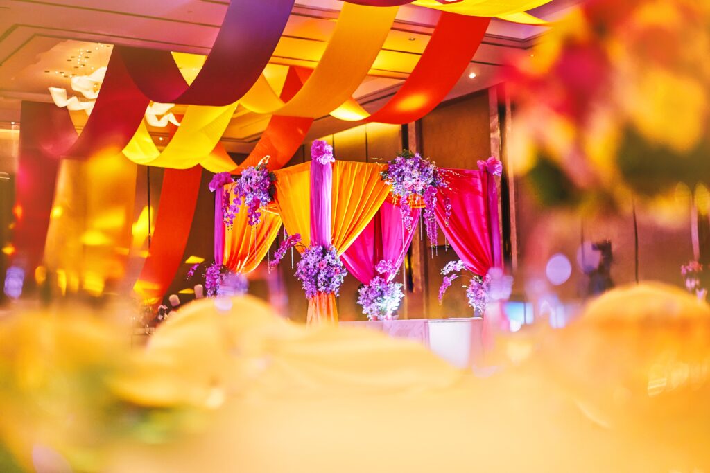 colorful stage decoration for bride and groom in sangeet night o